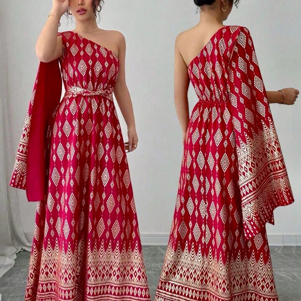 BNWOT Shein XL (12) Red&Gold Patterned One Shoulder Dress